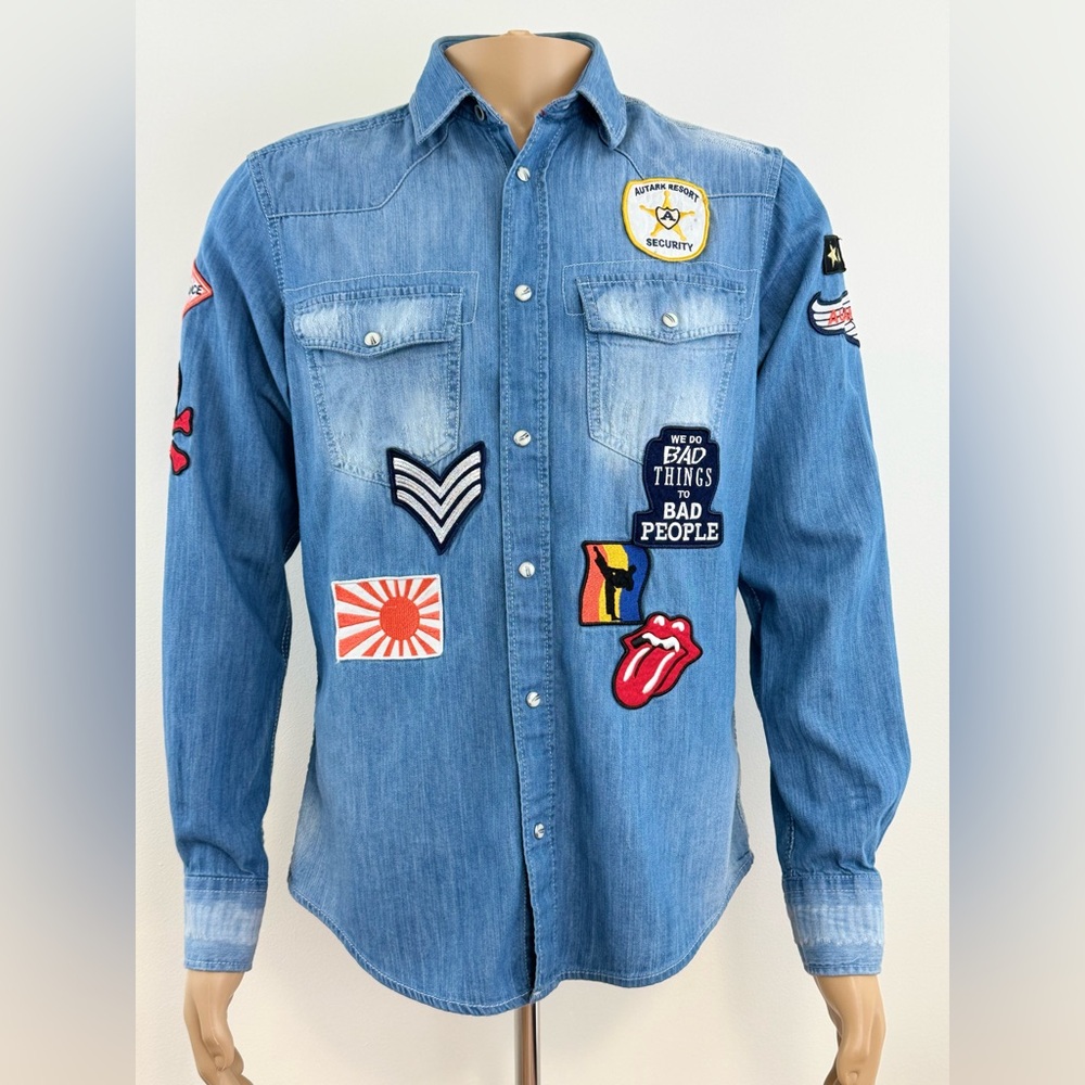 Men's Autark Long Sleeve Denim Like Button Shirt, Assorted Patches, Size Small